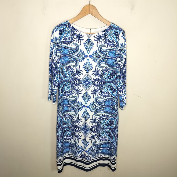 Chico's Dresses & Skirts - Chico's Blue‎ Floral Dress Stretch Jersey Back Zip